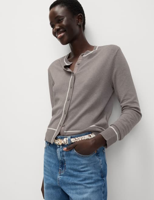 Crew Neck Tipped Detail Button Front Cardigan