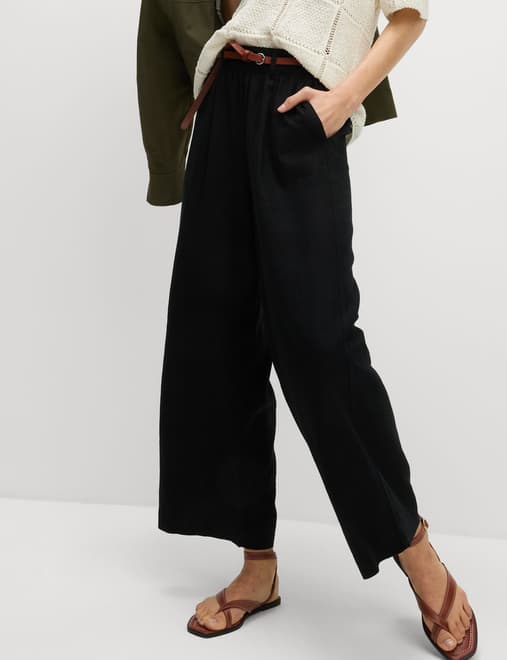 Linen Rich Wide Leg Cropped Trousers