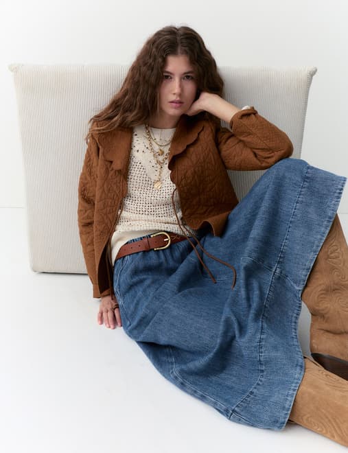 Lyocell Blend Denim Midi Skirt