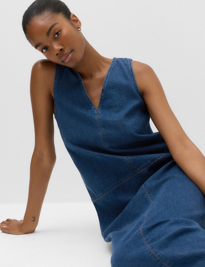 Denim V-Neck Tie Detail Midi Relaxed Dress