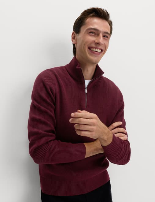 Cotton Blend Ribbed Half Zip Jumper