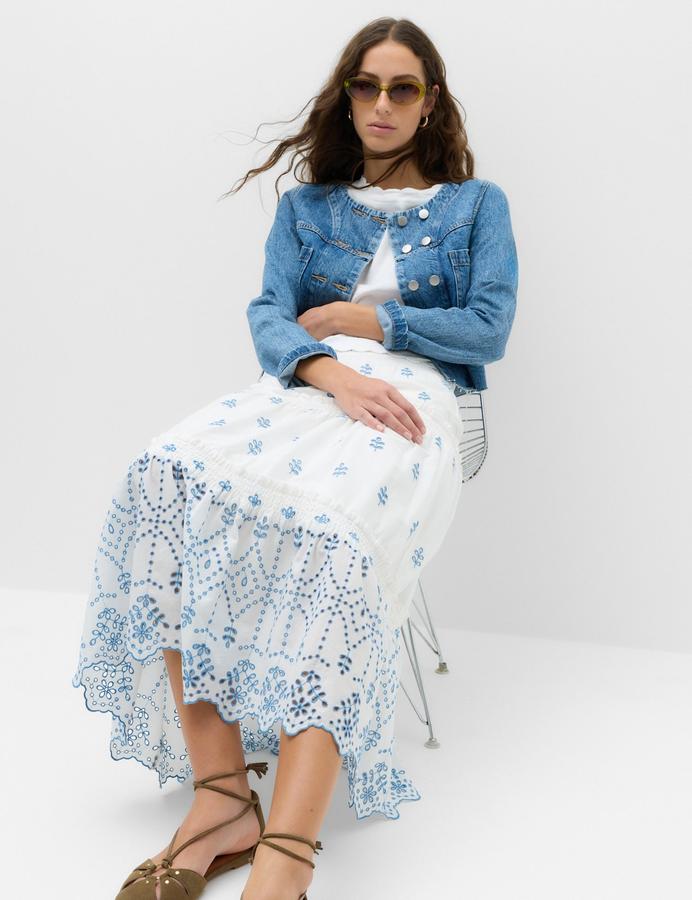 Pure Cotton Embroidered Midaxi Tiered Skirt