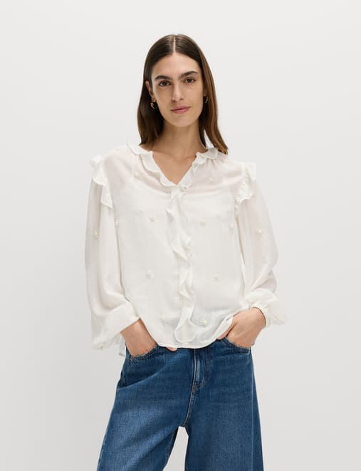 Embellished V-Neck Ruffle Long Sleeve Blouse