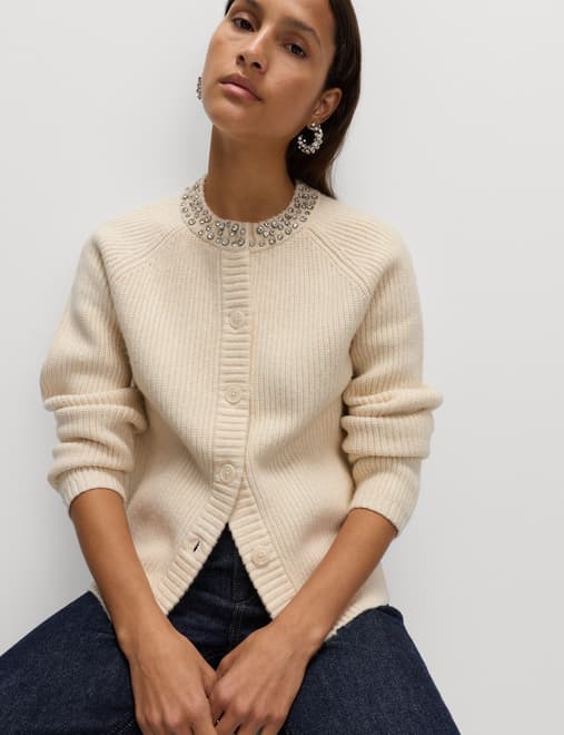 Textured Embellished Button Front Cardigan