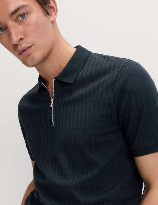 Cotton Rich Jacquard Zip Up Polo Shirt