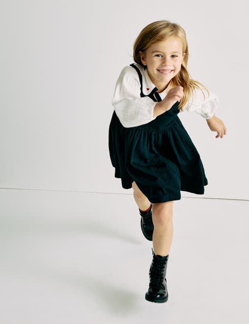 2pc Pure Cotton Collared Pinafore Dress Outfit (2-10 Yrs)