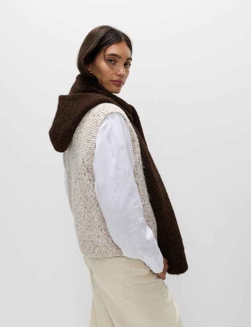 Ribbed Knit Hooded Scarf with Wool