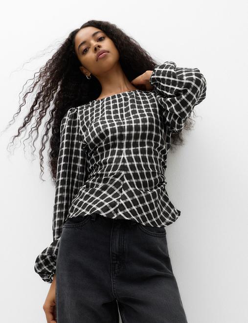 Checked Gathered Waisted Blouson Sleeve Blouse
