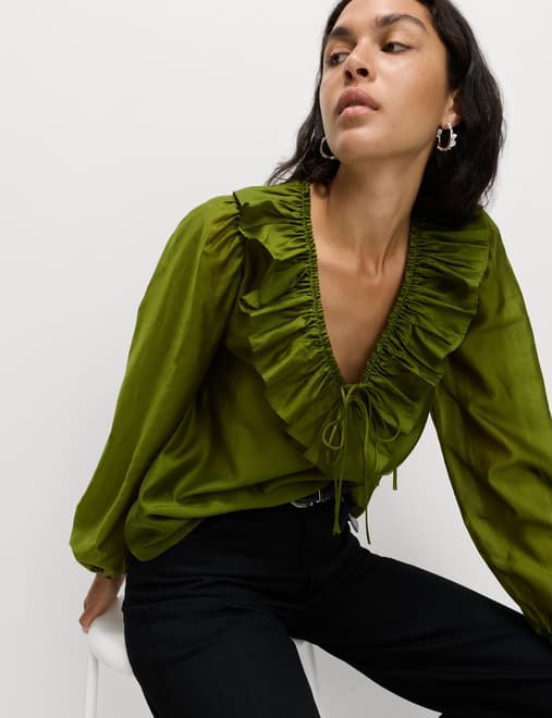 Lyocell Rich Frill Detail V-Neck Top