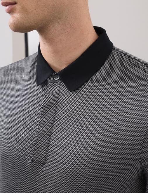 Pure Cotton Textured Long Sleeve Polo Shirt