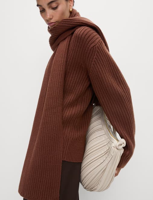 Wool Blend Ribbed Scarf Neck Zip Cardigan
