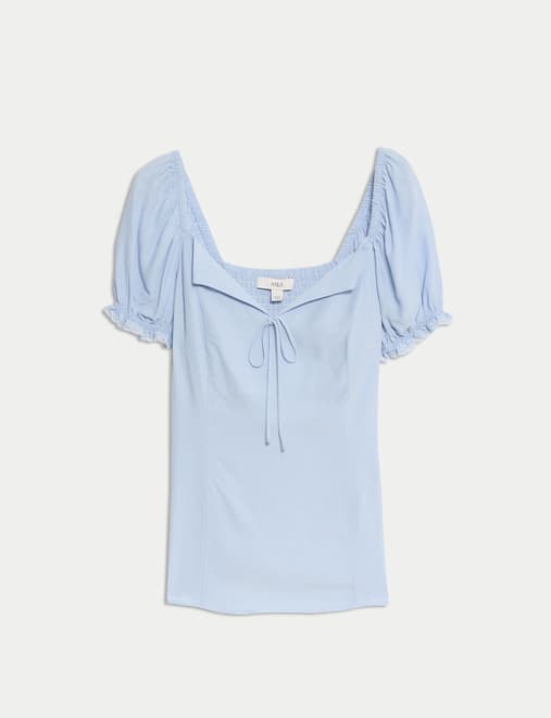 Tie Front Puff Sleeve Top