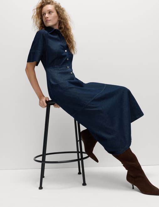 Denim Button Front Midi Shirt Dress