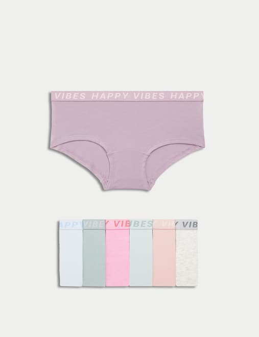 7pk Cotton with Stretch Slogan Waistband Shorts (5-16 Yrs)