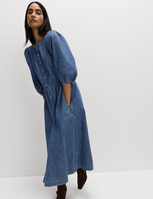 Pure Cotton Denim Midi Waisted Dress