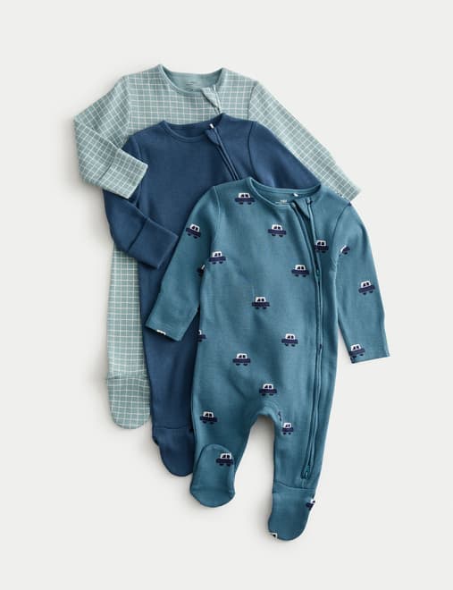 3 Pack Pure Cotton Car Print Sleepsuits (0 Mths-3 Yrs)