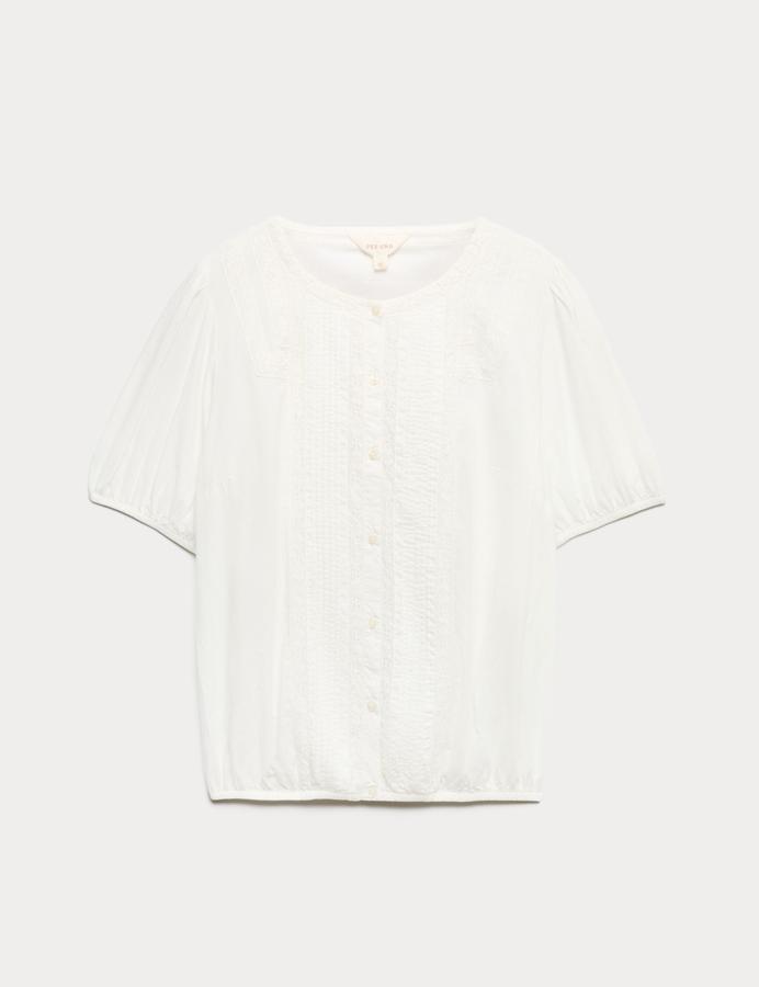 Pure Cotton Lace Insert Pintuck Blouse
