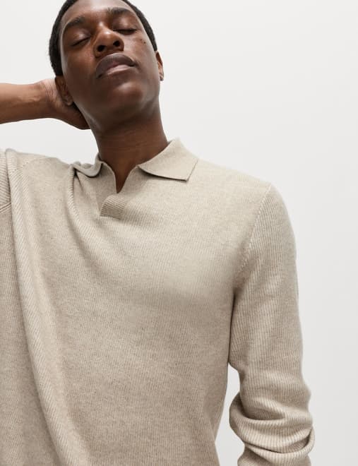 Air-Yarn Ribbed Open Neck Knitted Polo Shirt