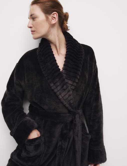 Fleece Faux Fur Trim Dressing Gown