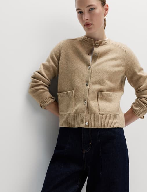 Air-Yarn Crew Neck Button Front Cropped Cardigan