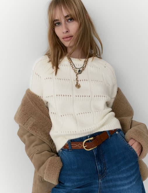 Pointelle Crew Neck Jumper With Alpaca