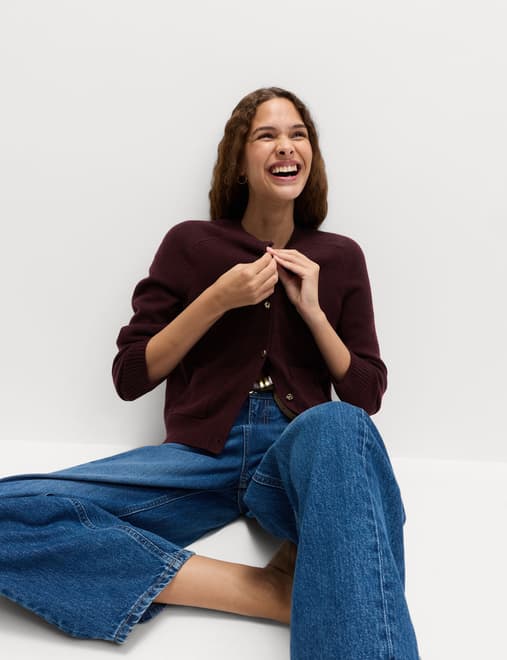 Air-Yarn Crew Neck Button Front Cropped Cardigan