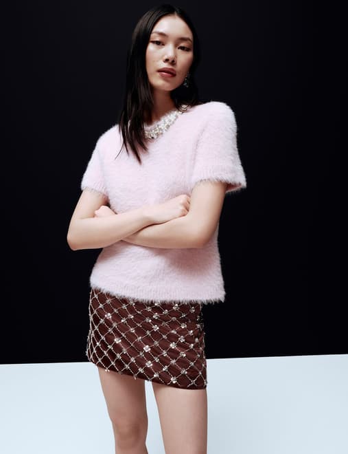 Satin Embellished Mini A-Line Skirt