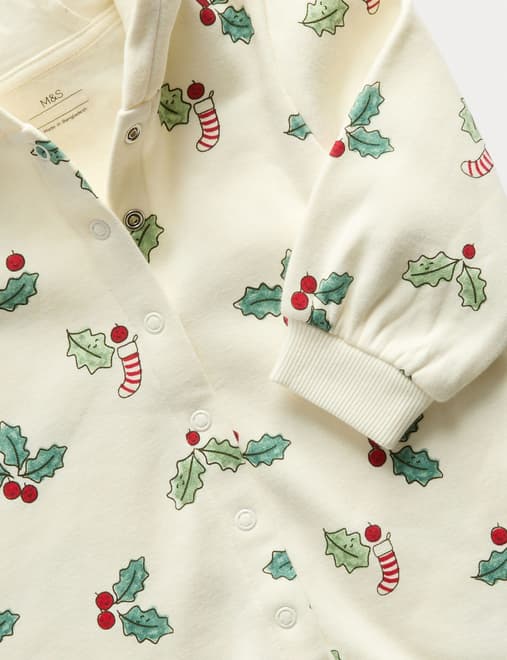 Cotton Rich Novelty Holly Print Hooded All in One (0 Mths-3 Yrs)