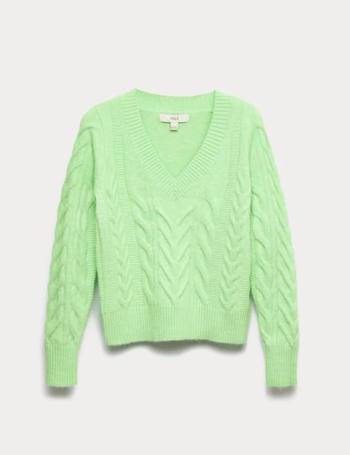 Textured Cable Knit V-Neck Jumper with Wool