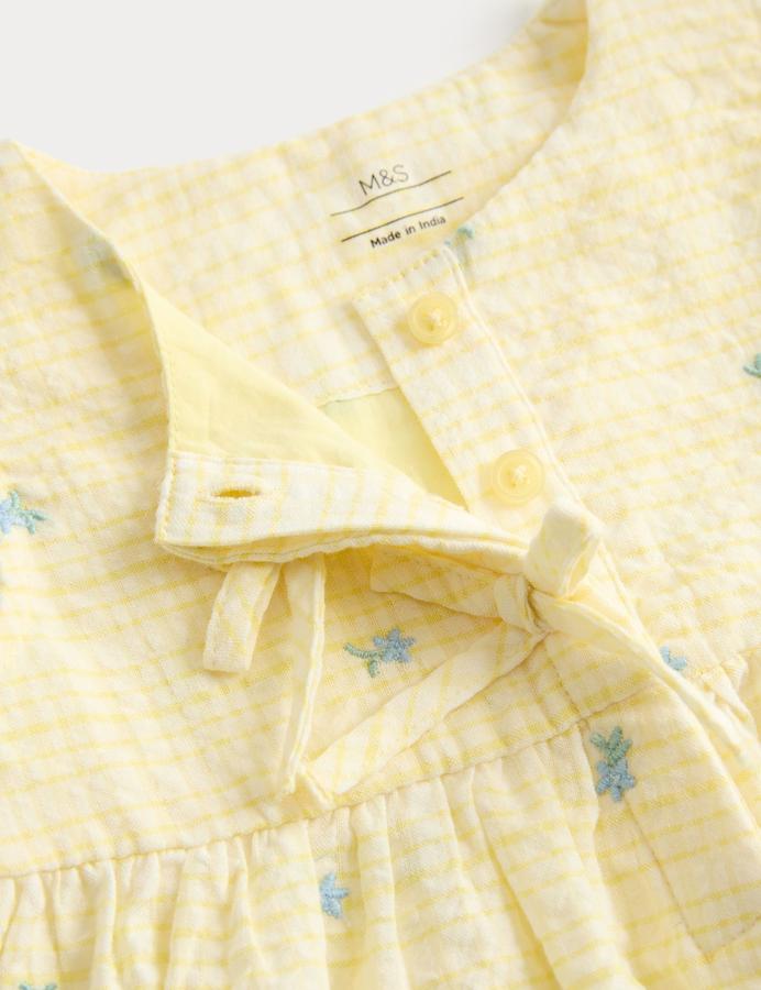 Pure Cotton Gingham Floral Dress with Bows (0-5 Yrs)