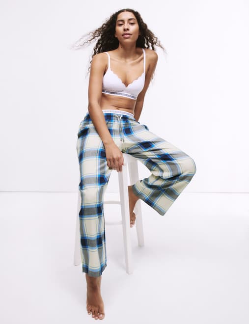 Cotton Blend Checked Wide Leg Pyjama Bottoms