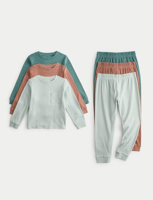 3pk Cotton with Stretch Ribbed Pyjama Sets