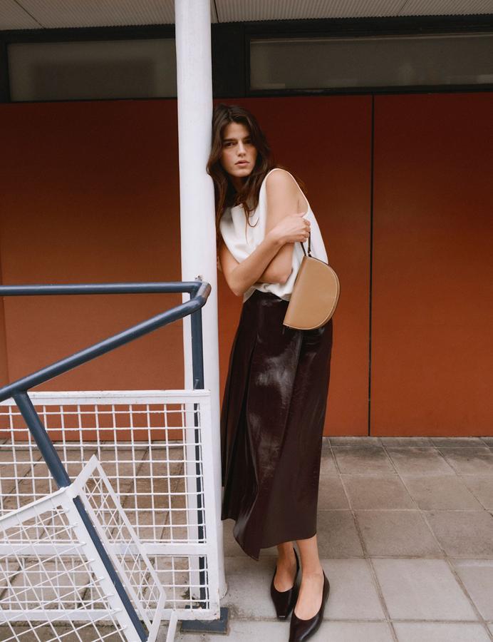 Faux Leather Textured Midi A-Line Skirt