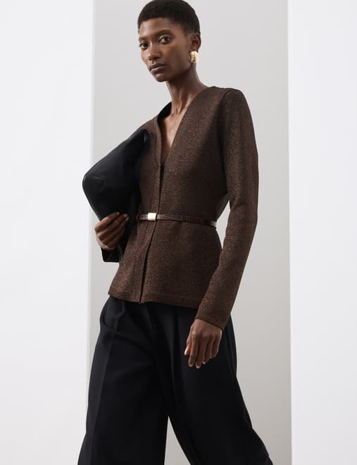 Merino Wool Blend Sparkly V-Neck Cardigan