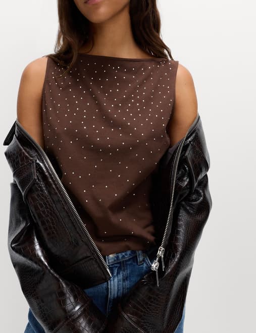 Cotton Rich Embellished Slash Neck Vest