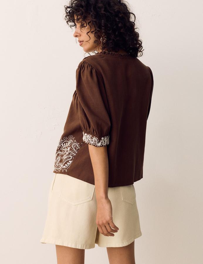 Lyocell Rich Embroidered Notch Neck Blouse