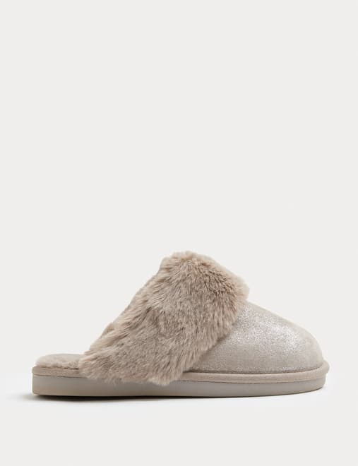 Suede Faux Fur Trim Mule Slippers