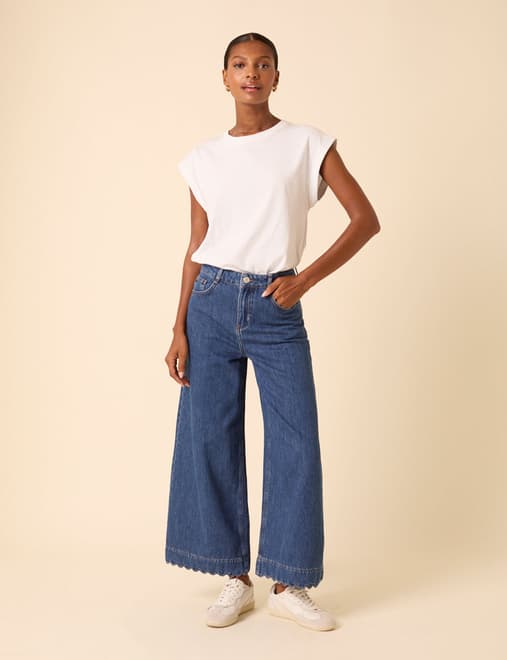 Blue High Rise Scallop Trim Cropped Palazzo Jeans