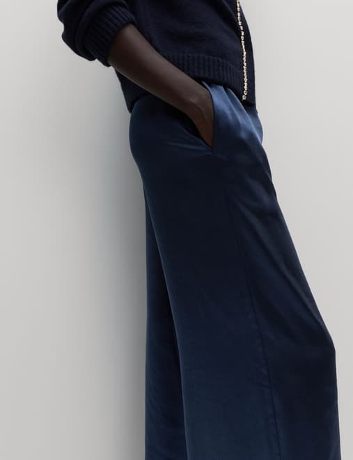 Satin Drawstring Wide Leg Trousers