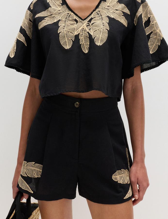 Cotton Rich Palm Embroidered Beach Shorts
