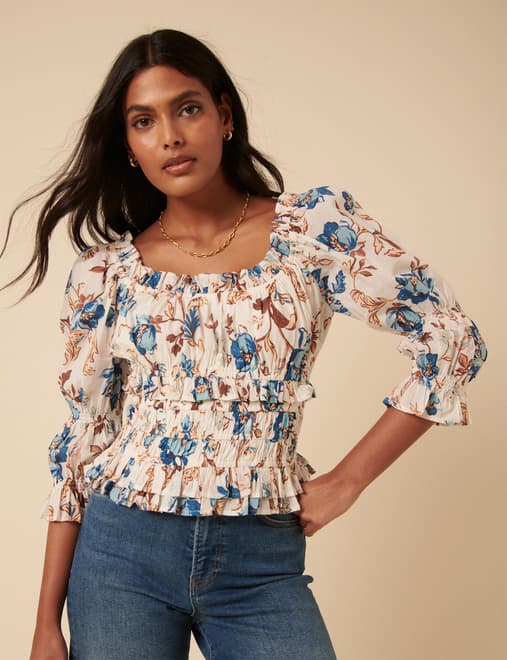 White Floral Shirred Top