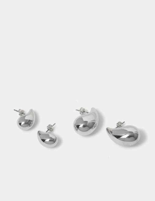 2 Pack Silver Tone Dome Tear Drop Earrings