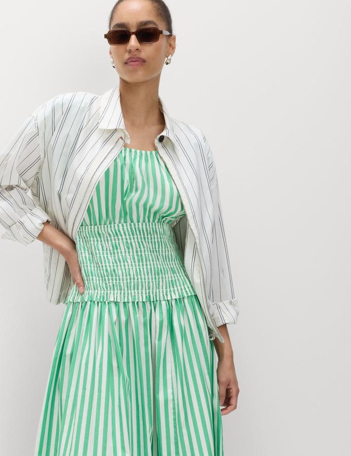 Pure Cotton Striped Scoop Neck Midi Waisted Dress