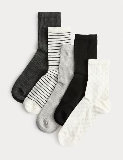 5pk Cotton Rich Patterned Ankle High Socks