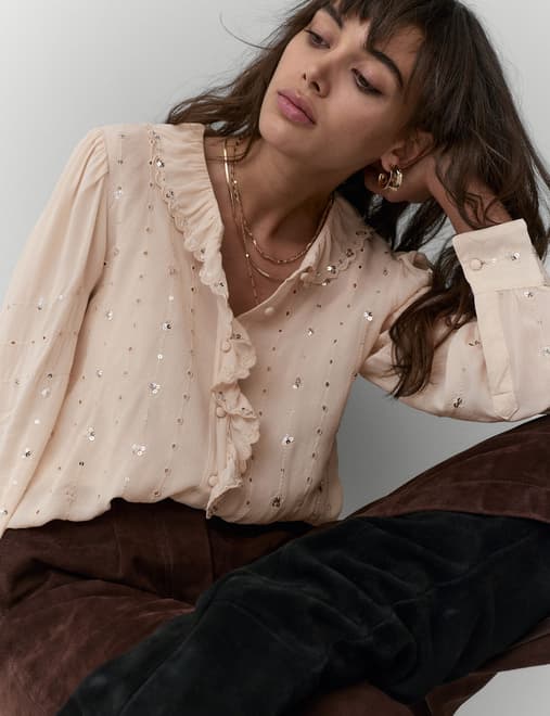 Sheer Sequin Ruffle Shirt