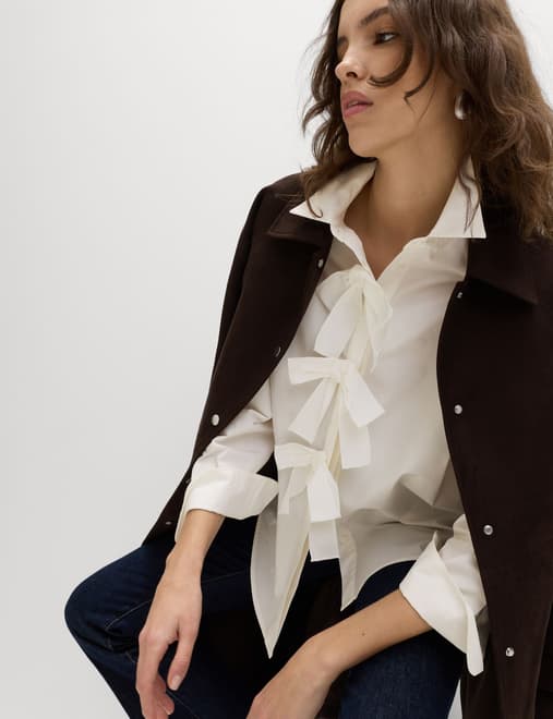 Pure Cotton Bow Detail Collared Shirt