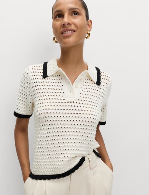Cotton Rich Open Stitch Knitted Polo Top