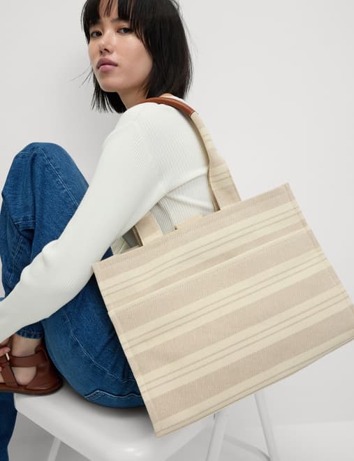 Pure Cotton Canvas Striped Tote Bag
