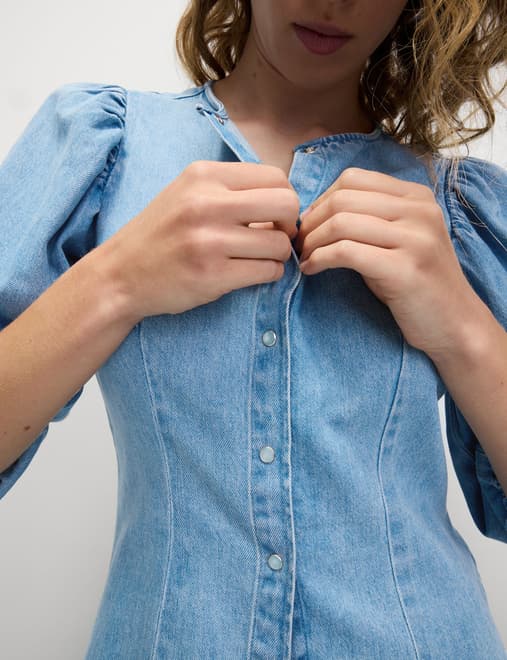 Denim Button Through Puff Sleeve Blouse