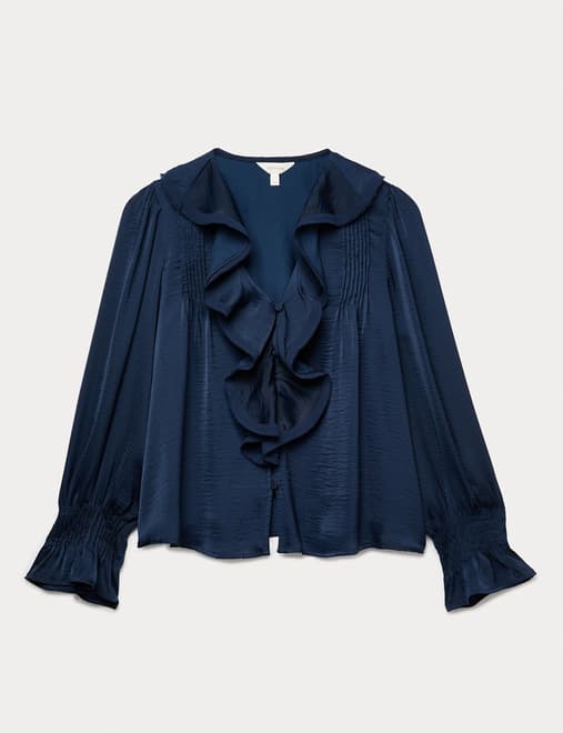 V-Neck Ruffle Pintuck Blouse